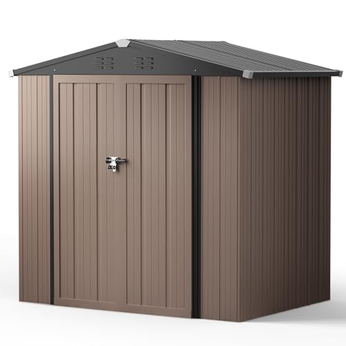 XEMQENER Lockable Garden Storage Shed, 4x6 FT Outdoor Storage Shed Waterproof, Galvanized Steel Metal Shed for Gardening Tools & Equipment, Bike, 186x130x189 cm, Brown