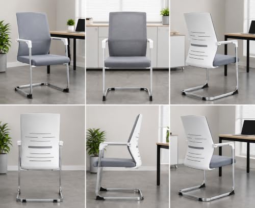 Image of TOBY Set of 2 Ergonomic Visitor Chairs with Lumbar Support, Breathable Mesh Back, Cushioned Seat & Chrome Frame - Modern Office /Reception Chairs with Armrests (Grey)