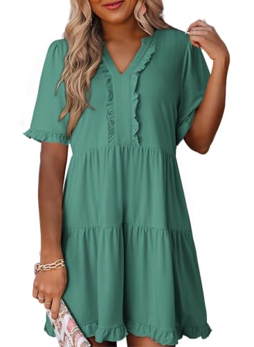 Image of Dokotoo Womens Summer Dresses 2026 V Neck A Line Short Sleeve Casual Ruffle Babydoll Mini Dress