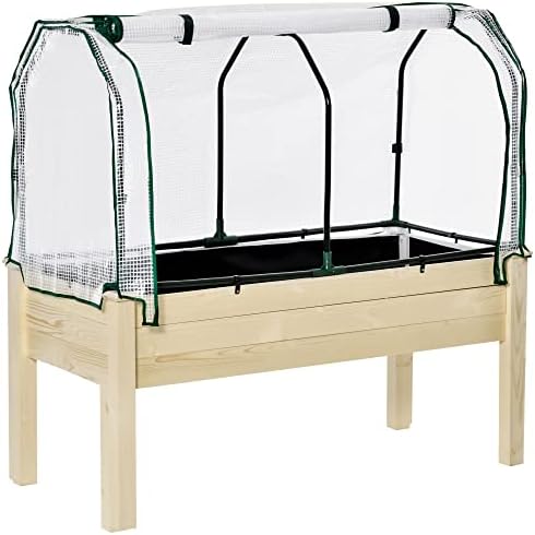 Outsunny Raised Garden Bed with PE Greenhouse Cover Outdoor Elevated Wood Planter Box for Herbs and Vegetables, Use for Patio, Backyard, Balcony, 121 x 55 x 117cm