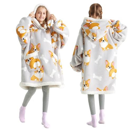 Bedsure Wearable Blanket Hoodie, Sherpa Hooded Blanket Printed for Adult & Kids as Gifts for Women, Mom Gifts Sherpa Hoodie, Kids, Corgi, Silver Grey