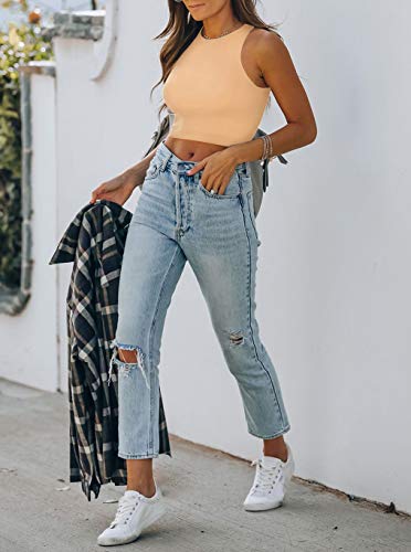 Women’s Sexy Sleeveless High Neck Racerback Cropped Tank Tops Cute Teen Girls Halter Neck Crop Tops Vest Nude Medium #TOP3