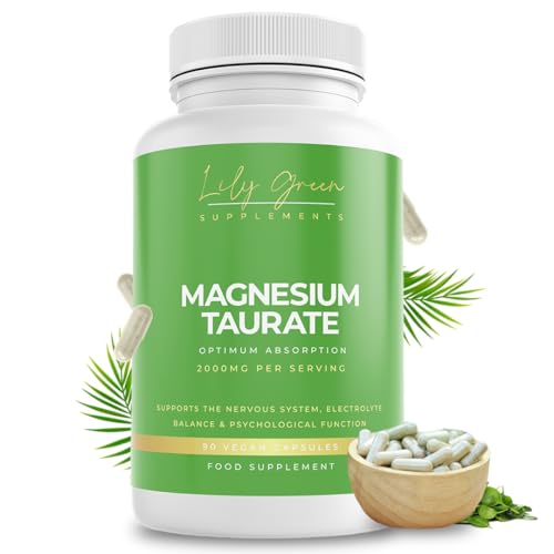 Lily Green Magnesium Taurate Supplements | 2000mg Per Serving Magnesium Supplements for Electrolyte Balance, Tiredness & Fatigue | 90 Vegan Capsules | No Artificial Fillers | Made in UK