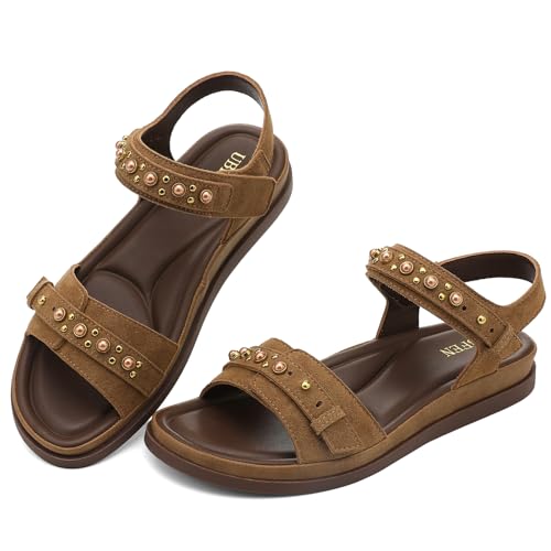 Image of UBFEN Womens Flat Sandals with Adjustable Back Strap, Arch Support | Beaded, Open Toe, Slingback, Casual, Comfortable for Walking, Vacation and Travel