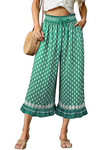 Image of Womens Wide Leg Palazzo Capri Pants Fun Vintage Print Flowy Cropped Capris