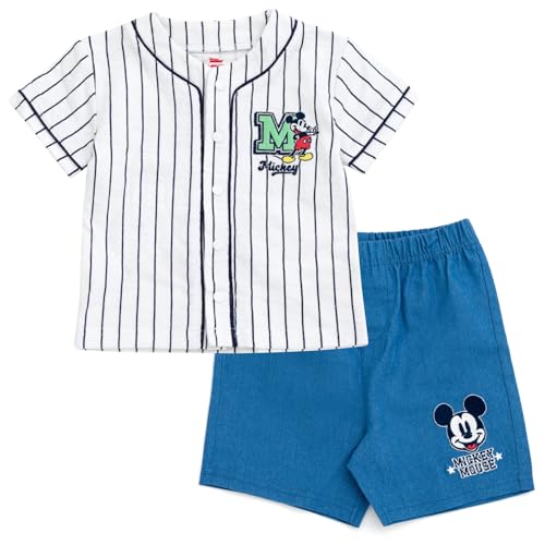 Image of Disney Mickey Mouse Baseball Jersey Button Down Shirt & Denim Shorts Outfit Set Newborn to Little Kid Sizes (0-3 Months - 5)