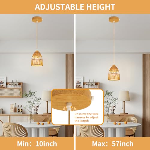 OTeedo 3 Pack Boho Rattan Pendant Light Kitchen Island,Farmhouse Chandeliers Adjustable Height Hanging lamp for Dining Room,Small Kitchen Ceiling Lights Fixtures with Woven Wicker Lampshade Lighting by OTeedo - Image 5