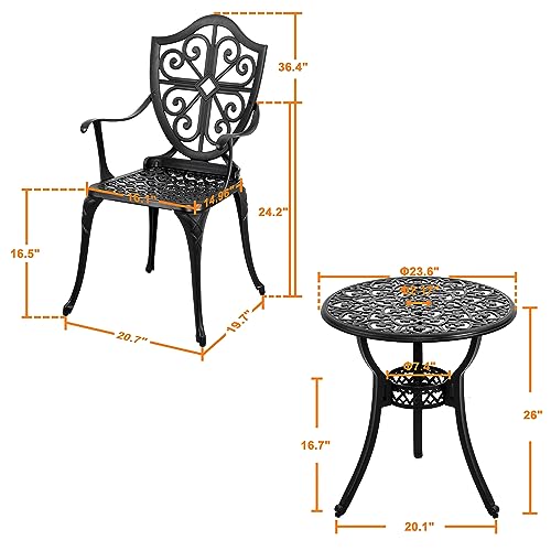 Image of NUU GARDEN 3 Piece Outdoor Bistro Set All Weather Cast Aluminum Patio Set Bistro Table Set Rustproof Patio Table and Chairs with Umbrella Hole for Backyard, Balcony, Front Porch, Black