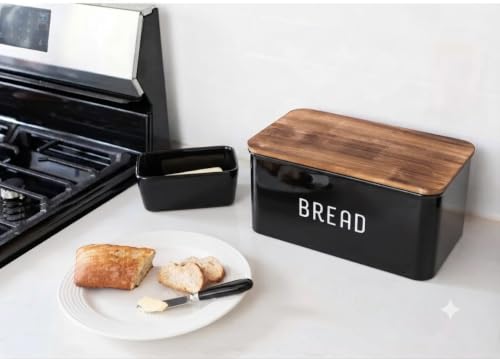Image of Metal Bread Box Set | Airtight Bread Storange Box For Kitchen Bread Dispenser Food Grade Storage Box with Wooden Lid - 4 litre