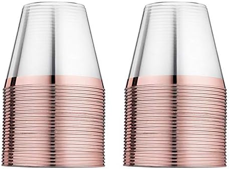 KARRAHOME 50 Rose Gold Cups 9 Oz Rose Gold Plastic Cups Fancy Disposable Wedding Cups Elegant Party Cups with Rose Gold Rim Flexible Party Wedding Rose Gold Plastic Tumblers