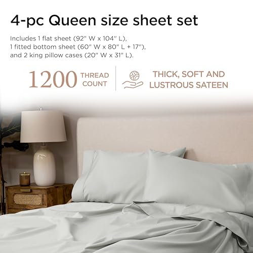Image of Threadmill 1200TC Supima Cotton Queen Sheet Set, Sateen, Light Grey | 100% Supima Cotton, Sateen Weave, 4-Piece Set, 17 inch Deep Pocket, All-Around Elastic, Hotel Quality, OEKO-TEX Certified