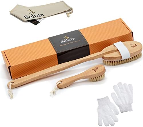 Belula Premium Dry Brushing Body Brush Set- Natural Boar Bristle Body Brush, Exfoliating Face Brush & One Pair Bath & Shower Gloves. Free Bag & How To – Great Gift For A Glowing Skin & Healthy Body