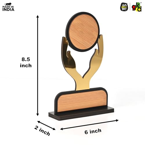 Image of GKD Wooden Trophy with Golden Acrylic | Self-Customizable with Sticker Award /Memento for Events, Corporate Gifting, School Functions & Achievements (Golden Gratitude - Self)
