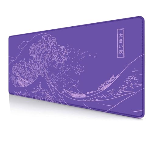 Image of IMAYONDIA Great Wave Large Gaming Mouse Pad, Purple Minimalist Japanese Desk Mat, Gamer Aesthetic Extended Mousepad Cute, Non-Slip Rubber Base Lilac Desk Pad for Office- 31.5 X 11.8 Inch