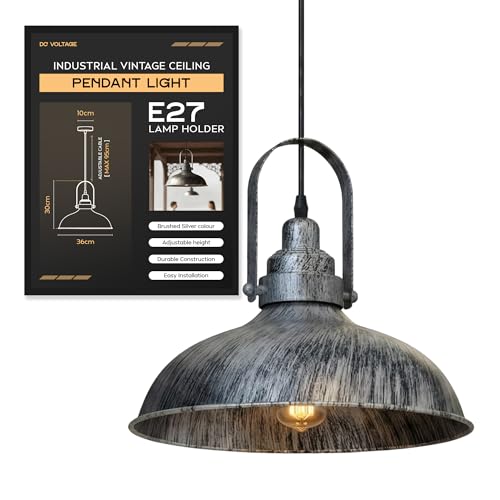DC VOLTAGE Vintage Style Brushed Silver Metal Ceiling Pendant Light 36cm W Curvy Shape Industrial E27 Large Lamp Shade Fitting Fixtures Easy Fit Decor for Island Kitchen Bedroom Cafe Living Room