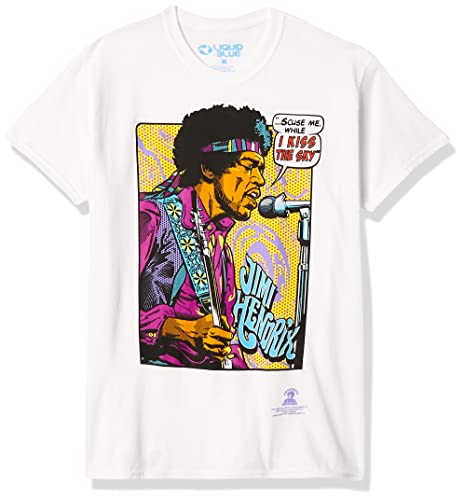 Liquid Blue unisex adult Jimi Hendrix Pop Art 'Scuse Me While Kiss the Sky T-shirt T Shirt, White, XX-Large US