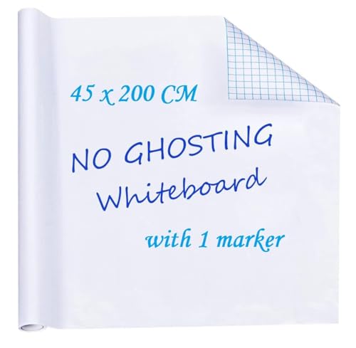 Image of Parssufy Whiteboard (45x200cm) Sticker Wall Decal,Self-Adhesive White Board Sticker Vinyl Peel and Stick Paper for School, Office, Home, Kids Drawing with 1 Marker (45 x 200 cm)