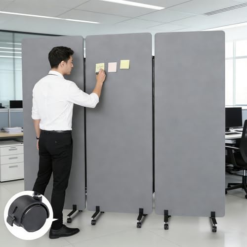 Office Dividers Partition Wall, 72" X 66" Soundproof Room Divider with Wheels, 3 Panel Soundproof Partitions for Office Wall, Portable Temporary Walls Acoustic Walls Divider, Light Gray