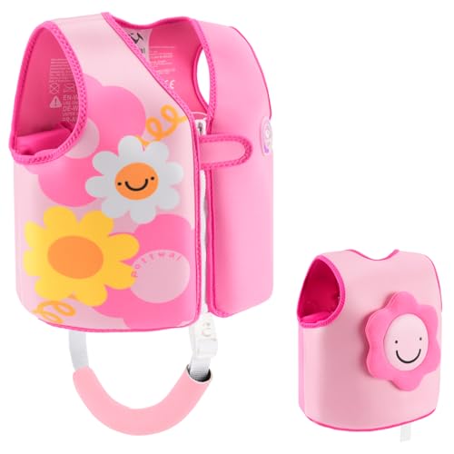 Pottwal Swim Vest for Kids - Swim Jacket for 1-2 Years (24-33 LBS) - Puddle Jumper with Adjustable Crotch Strap - Made of Neoprene & EPE - Pink Smiling Flowers