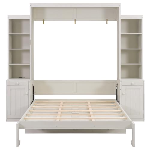 Image of Merax Queen Size Murphy Bed with Desk and Lights, Power Outlet, Foldable Murphy Cabinet Bed with Open Storage Shelves & Drawers, Wood Space-Saving Hidden Wall Bed for Guest Room Office, Antique White