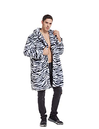Image of UMREN Mens Warm Leopard Faux Fur Coats Jacket Long Luxury Overwear Parka Cardigans