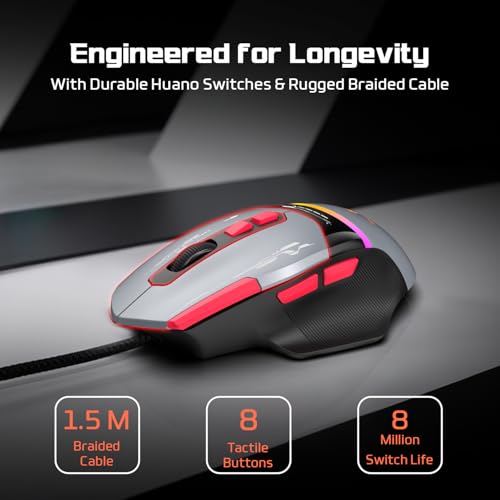 Image of EvoFox Blaze 2 Wired Gaming Mouse | High Performance 1000Hz Polling Rate, Upto 12,800 DPI, RGB Lighting, 8 Programmable Buttons, Software Support with On-Board Memory, Durable Huano Switches
