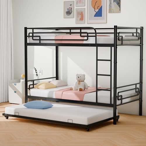 Image of Twin Over Twin Bunk Bed with Trundle, Metal Bunk Beds with Ladders & Full-Length Guardrail, Can be Converted to 2 Beds, Convertible Triple Bunk Bed Frame for Kids Adults, No Box Spring Needed, Black