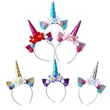 diadema de unicornio con flores de fieltro 🦄【Diseño interesante】 Hermosas flores de tela y colorido cuerno de unicornio, orejas lindas y brillantes, diseño especial, que lo hace lindo y hermoso, hacen que su hijo se vea adorable.