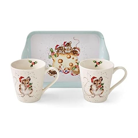 Royal Worcester Wrendale Deigns Mug and Tray Set Holly Jolly Christmas Mice Cover