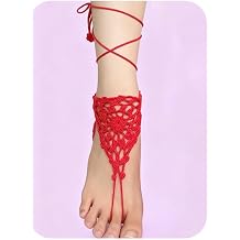2PCS Beach Crochet Barefoot Sandals Red Anklet Layered Lace Ring Foot Chain Bridal Wedding Anklet Foot Yoga Dance Trendy Accessories for Women