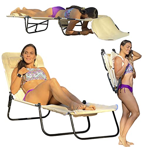 EASYGO PRODUCTS FLIP Beach Chair Lounger with Face & Arm Holes-Polyester Material – Multiple Backrest Positions-Head Rest Pillow-Sand or Home Use-PATENTS Pending, Facedown-Tan