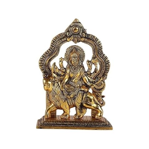 PURESTORY Sherawali Maa Murti/Goddess Durga Maa Idol for Mandir Pooja, Religious Idol Figurines for Gift,Sherowali Maa Murti Statue for Home Temple,Office,Gifts - Gold - 6.3 x 4.3 Inch, PS000543 Cover