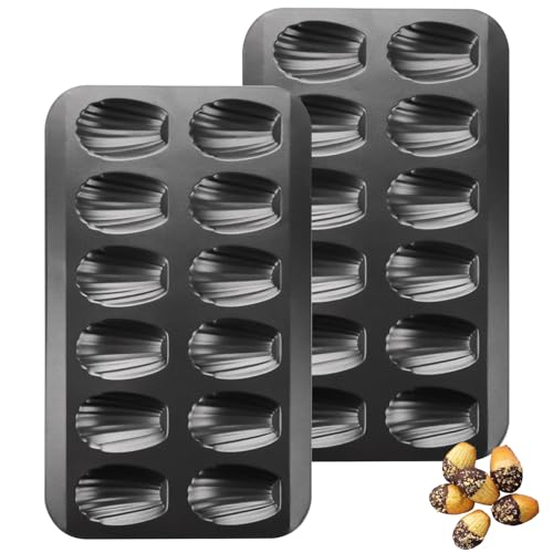 VIDETOL 2 PCS Carbon Steel Madeleines Baking Tray, 40 x 22.8 x 1.5 cm Non-Stick Madeline Trays, Black Cake Moulds with 12 Hole for Baking