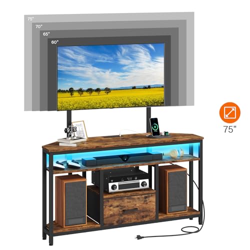 CHOEZON Corner TV Stand with Drawer, Entertainment Center with Adjustable Mount, Console Table with LED Light and Charging Station, Supports Up to 75-Inch TV, Rustic Brown and Black TDS05UDBF by CHOEZON - Used condition - Image 8