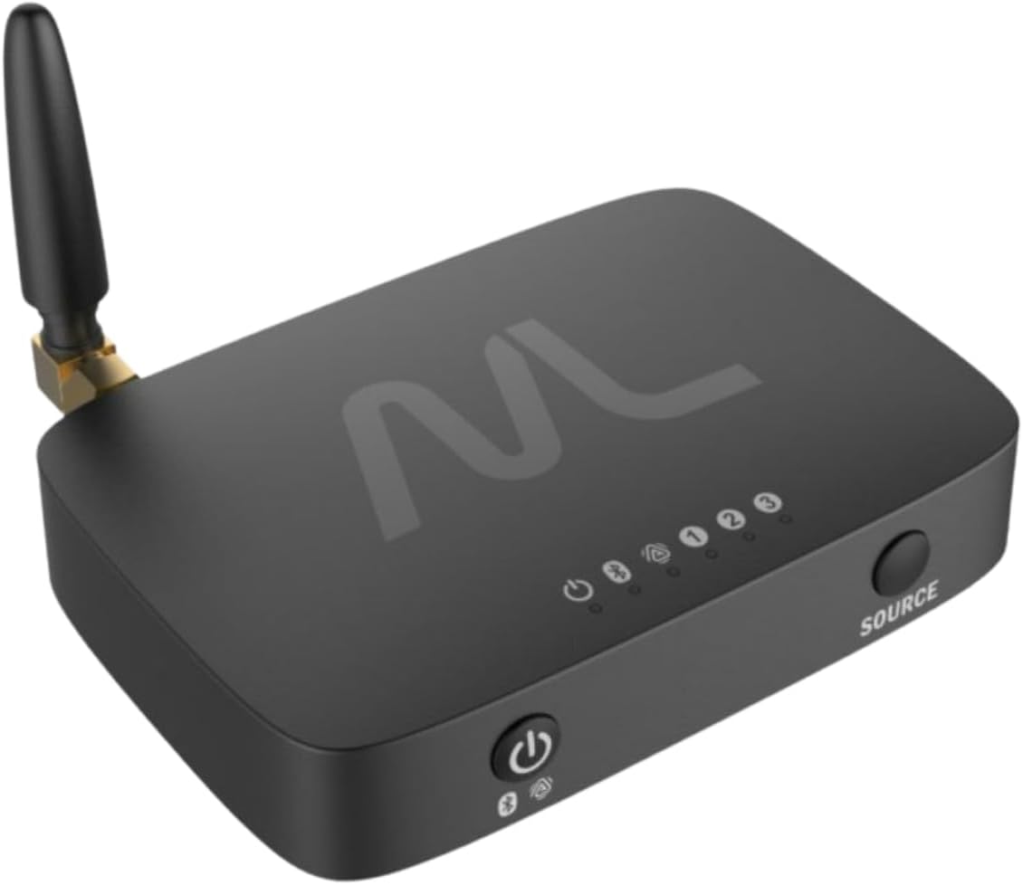 TV hearMore Bluetooth Auracast Audio Transmitter for TV/PC to Unlimited Audio Receivers, Optical/AUX/MIC/HDMI Connections, Low Latency Adapter, Compatible with Auracast Hearing Aids.