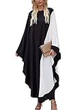 Flygo Women's Batwing Color Block Long Sleeves Oversized Maxi Cloak Dress (Black White Colorblock Cloak, One Size)