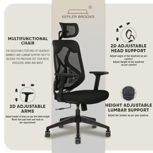 Image of Kepler Brooks Marvel Office Chair for Work | 3-Yr Warranty | Ergonomic Office Chair, Study Chair for Home, 2D Headrest & Armrest, Adjustable Lumbar, Multi Lock Recliner, Heavy Duty Metal Base (Black)