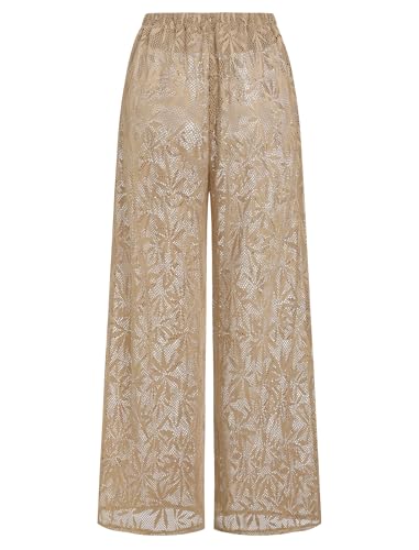 Image of ZAFUL Womens Beach Cover Up Pants Sexy Crochet Drawstring Elastic Boho Swimsuit Cover Up Long Pants Beach Wear