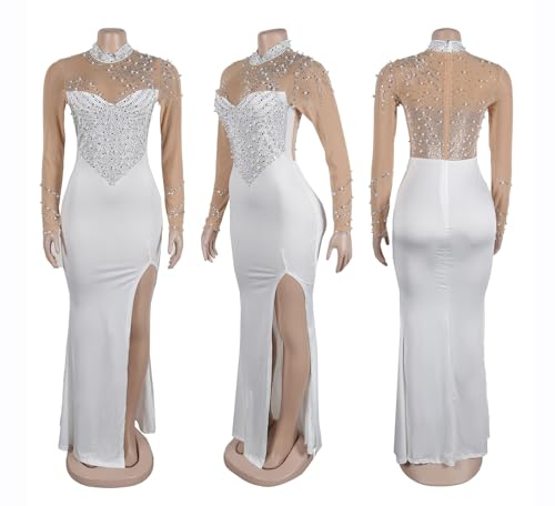 Yuopeid Women's Sexy See Through Mesh High Waist Split Bodycon Dress Mock Neck Long Sleeve Rhinestone Floor Length Wedding Party Maxi Dress White XL by Yuopeid - Used condition - US$52.57