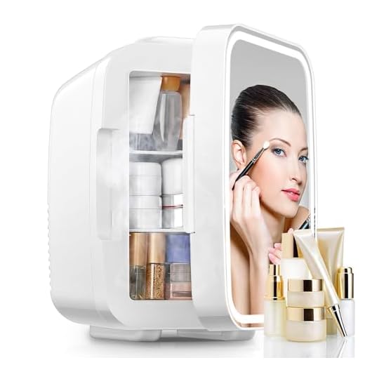FOHERE 5L Mini Kühlschrank mit LED LICHT Spiegel,220V AC, Getränkekühlschrank, Kleine Skincare Fridge Kühl/Heizfunktion für Schlaf & Wohnzimmer, Büro Schreibtisch,Weiß