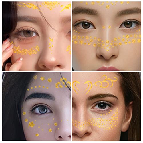 Topfunny Gold Face Tattoos For Women Girls Kids Shiny Flash Glitter Eye Halloween Face Stickers Jewels Moon Gems Dots Butterfly Star Fake Freckle Metallic Temporary Tattoo Adults Costume Parties #TOP2