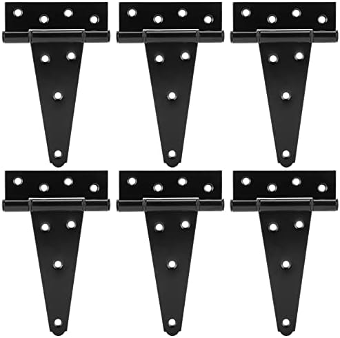 HILLMASTER 6 Inch T-Strap Heavy Duty Shed Door Hinges Gate Strap Hinges Black Tee Hinge Wrought Hardware for Wooden Fences,Yard,Barn Door,Rustproof (6 Pack)