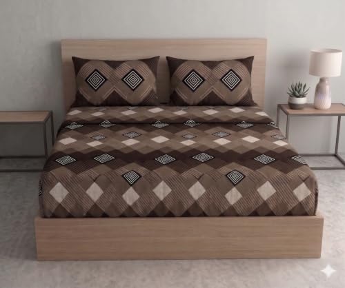 Image of DECOMIZER Cotton Feel All Around Elastic Fitted Glace Printed Queen Size Double Bed Bedsheet with 2 Large Pillow Covers Fits Upto Mattress of 8 Inches,Size - 60 x 78 x 10 Inches, Beige Coffee Box