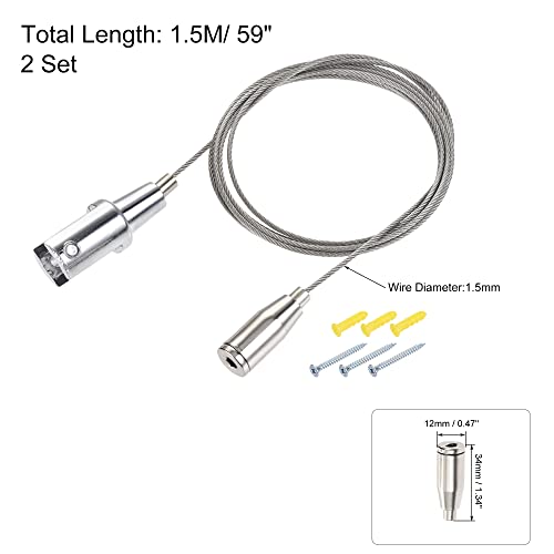 Image of uxcell Picture Hanging Wire Kit, 2Set 1.5M Adjustable Hanger Wire System for Home Art Gallery Picture Display Kit, Load 33lbs, with 6Set Screws