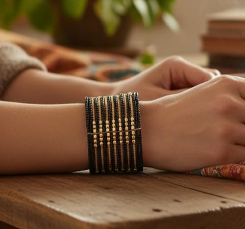 Image of Touchstone Indian Colorful Bead Bracelet Bollywood Beaten Metal Beads Openable Broad Cuff Bracelet in Gold or White Tone for Women.
