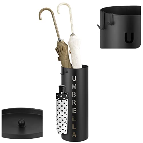 Metal Umbrella Stands Holder For Entryway Round Umbrella Stand Black Words Hollow Umbrella Bucket Free Standing Bin With 4 Hooks And Water Tray For Home Office Canes Decoration, 6.2" X 6.2" X 16.5'' #TOP24