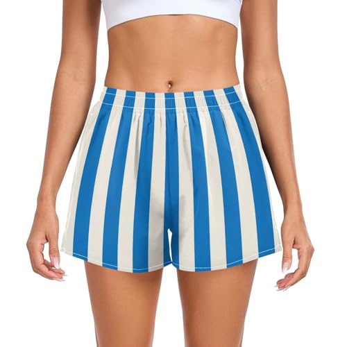 UMIRIKO Blue White Stripe Athletic Shorts for Women with Pockets S 2300896