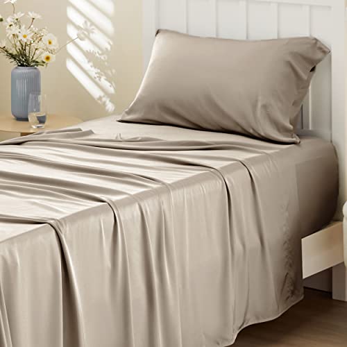 Image of Bedsure Cooling Sheets Twin, Rayon Derived from Bamboo, PureWoven, Breathable & Soft Twin Sheets Set, Deep Pocket Up to 16 Inches, Hotel Luxury Silky Bedding for Hot Sleepers, Simply Taupe