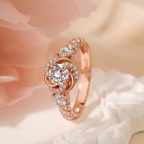 Image of Jeulia Moissanite Engagement Ring for Women | Classic Solitaire Halo Rose Gold Flower Promise Ring | Round Cut Eternity Wedding Band | 925 Sterling Silver Jewelry with Gift Box and GRA Certificate