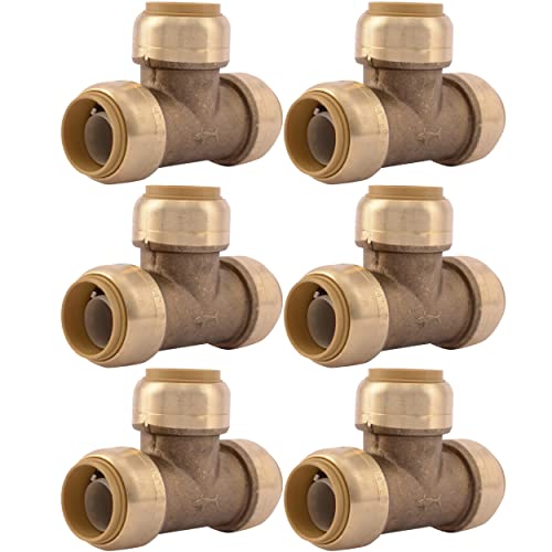 SharkBite 3/4 Inch Tee, Pack of 6, Push to Connect Brass Plumbing Fitting, PEX Pipe, Copper, CPVC, PE-RT, HDPE, U370LF